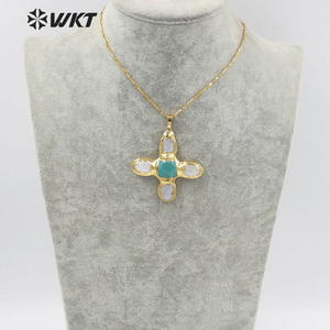 Collar con colgante de turquesas con forma de cruz de perlas, gargantilla de oro galvanizado, piedra verde, WT-JN169, venta al por mayor - Product Image 6