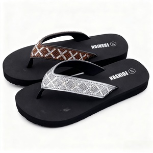 Womens Glamorous Black Wedge <b>Flip</b> <b>Flops</b> Wide Rhinestone Straps Silver Bronze Crystal Diamond Pattern Designs Spring Autumn - Product Image 1