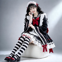 Conjunto de Vestido Lolita con Cuello Marinero para Mujer, Manga Larga, Volantes, Encaje, Delantal, Lazo Rojo y Negro, Estilo Kawaii, Mini Vestido de Fiesta