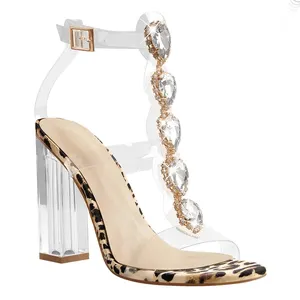 WETKISS Frauen Peep Toe Schnalle Ausschnitt Gem Clear Chunky High Heels Gladiator Transparente Streifen Strass Sommers andale Großhandel