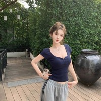 Atasan Crop Top Ribbed Multi Warna Lengan Pendek Ketat Wanita Kaos Dasar