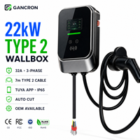 Chargeur mural pour véhicule électrique GANCRON OEM Type 2 22kW 32A triphasé IP65 avec connecteur de charge et application Tuya