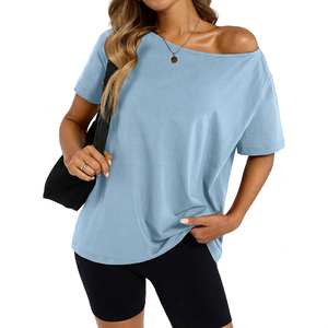 Camiseta de Algodón Personalizada con Logotipo para Mujer, de Hombros Descubiertos, Manga Corta, Color Sólido, Ecológica, Informal - Product Image 1