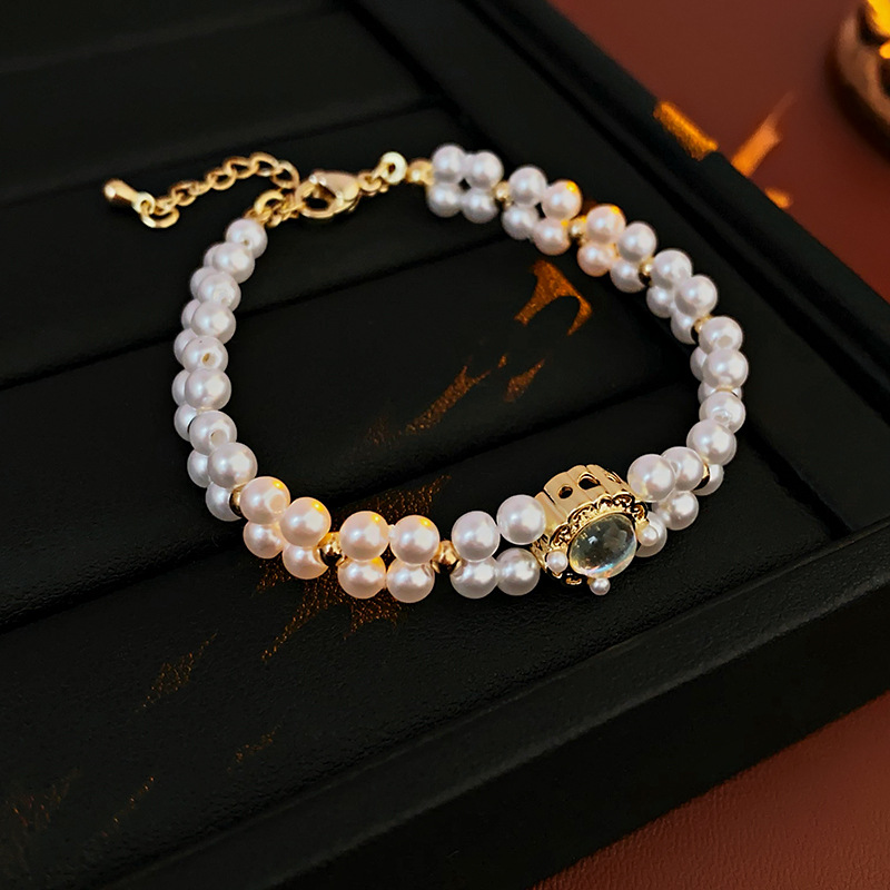 Bracciale da donna con perle di cristallo: braccialetti multistrato, 5 pezzi, in argento, lavorato a mano, alla moda, colorato, ideale come regalo per mamma e figlia, 17 cm, Acciaio inossidabile