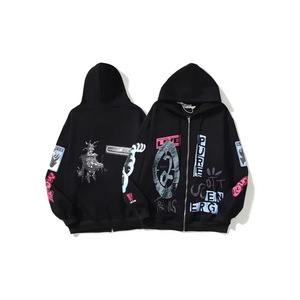 Sudadera con capucha y cremallera completa con estampado de esqueleto marrón, 100% algodón, corte holgado, estilo urbano, ropa de abrigo de invierno - Product Image 3
