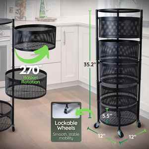 Kitchen <b>Storage</b> Rack 2/3/4/5 Tier Rack Rotatable <b>Storage</b> <b>Vegetable</b> Basket 360 Degree Rotating Baskets Rack With Wheels - Product Image 3