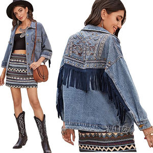 Classica giacca di jeans con frange lavate alla moda in stile retrò retrò con ricamo personalizzato da donna - Product Image 1