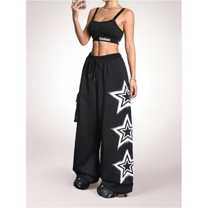 Pantalon cargo ample Y2K pour femme, imprimé étoiles, avec cordon de serrage, taille élastique, jambe large, doublure polaire - Product Image 4