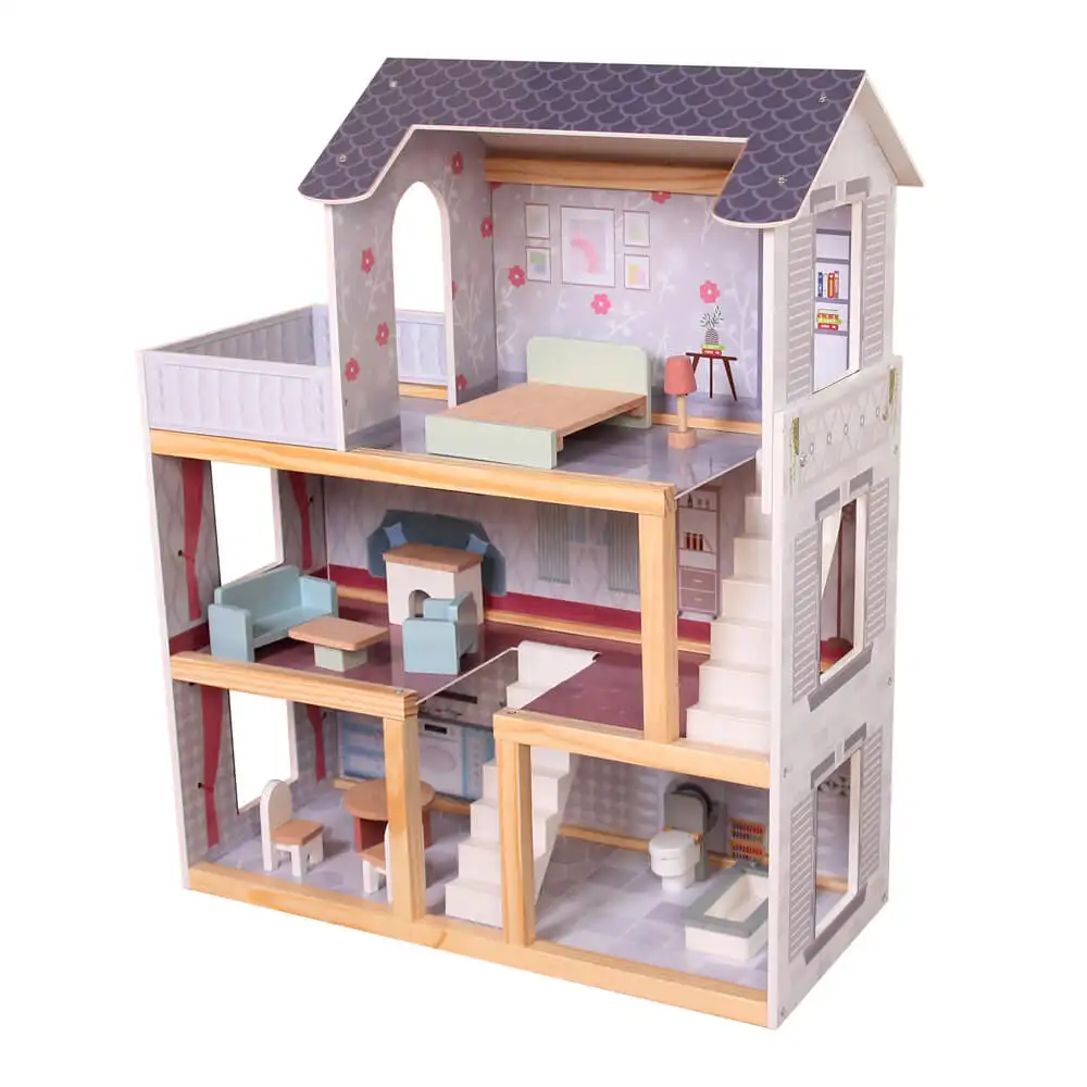 एक आरामदायक ड्रीम हाउस-फर्नीचर के साथ लकड़ी का गुड़ियाघर, 3 साल की उम्र के बच्चों के लिए गुड़िया घर का खेल सेट, थोक के लिए लकड़ी का खिलौना घर