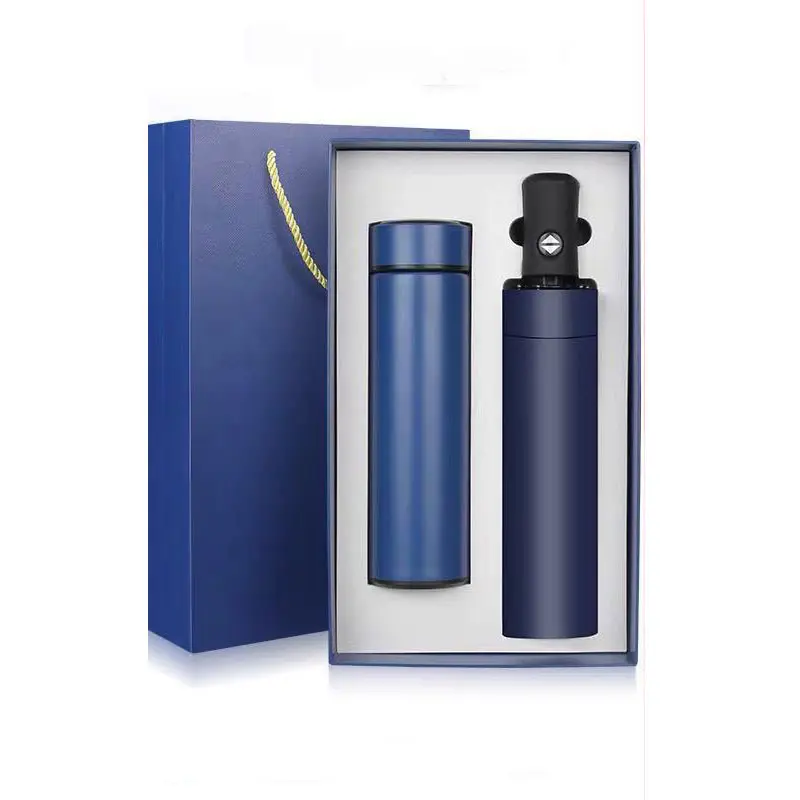 Kunden spezifisches Logo Werbe geschenk Temperatur anzeige Vakuum isolierte Wasser flasche und Regenschirm-Set