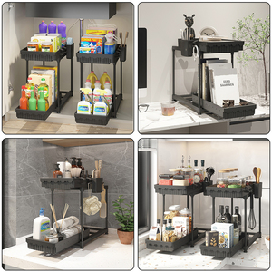 Organizador debajo del fregadero para espacios estrechos, estante de plástico de 2 niveles <span class=keywords><strong>con</strong></span> cesta mediana, espacio eficiente - Product Image 3