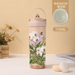 High Appearance Level Large-Capacity European Style Floral Pattern Portable Ceramic Inner Liner Insulated Coffee Mug <b>Straw</b> for - Product Image 1