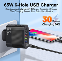 Cargador Rápido de 65W con 5 Puertos USB Tipo C, Enchufe para EE. UU., UE y Reino Unido, Cargador de Teléfono Inteligente con Protección de Sobrecarga para Samsung, iPhone y Google