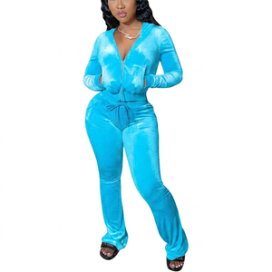 2 Piece Winter Eco-Friendly Fleece <b>Zip</b> <b>up</b> <b>Crop</b> Jacket Bell Bottoms Long Pants Pockets Set Streetwear Fashion Cotton Tracksuit - Product Image 3