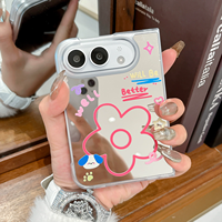 Coque de téléphone portable en PC rigide pour filles, avec miroir, motif de fleurs et de cœurs de dessins animés, pour iPhone Duo