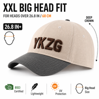 Casquette de baseball ethnique 5 panneaux XXL à logo personnalisé, 68 cm, coupe oversize, calotte profonde, 100 % coton sergé, beige et gris contrastant, unisexe