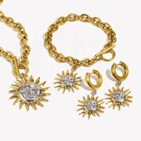 Parure de bijoux fantaisie anti-ternissement en acier inoxydable plaqué or 18 carats, motif soleil multicolore, comprenant collier, bracelet et boucles d'oreilles pour femme