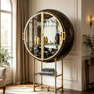 Circular Fiberglass Wine <b>Bar</b> <b>Cabinet</b> Tempered Glass Door Brass Metal Base Retro Industrial for Upscale Villa Dining Space This - Product Image 1