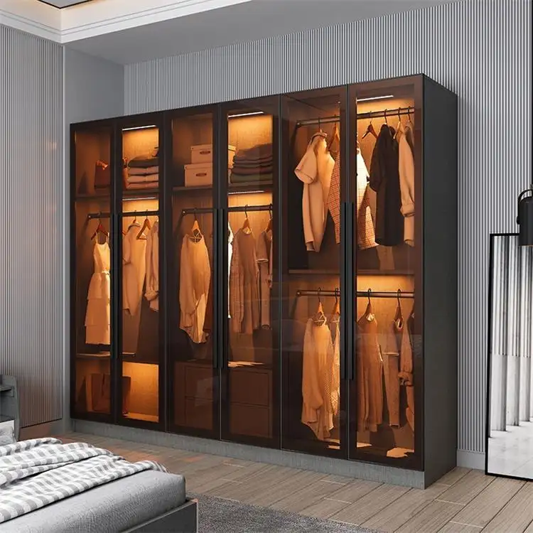 Thiết kế sang trọng tùy chỉnh nội thất phòng ngủ đi bộ trong tủ quần áo cửa kính Tủ quần áo hiện đại tủ quần áo bằng gỗ tủ phòng