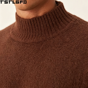 Custom <b>Wool</b> Blend Mock Neck Knit <b>Sweater</b> <b>Men</b> Chocolate Brown Funnel Collar Pullover Wholesale Bulk - Product Image 2