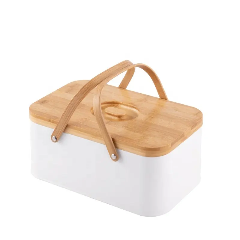 Double handle Vintage Metal Bread Box with Bamboo Cutting Board Lid - Kitchen Storage Container for Bread and Food