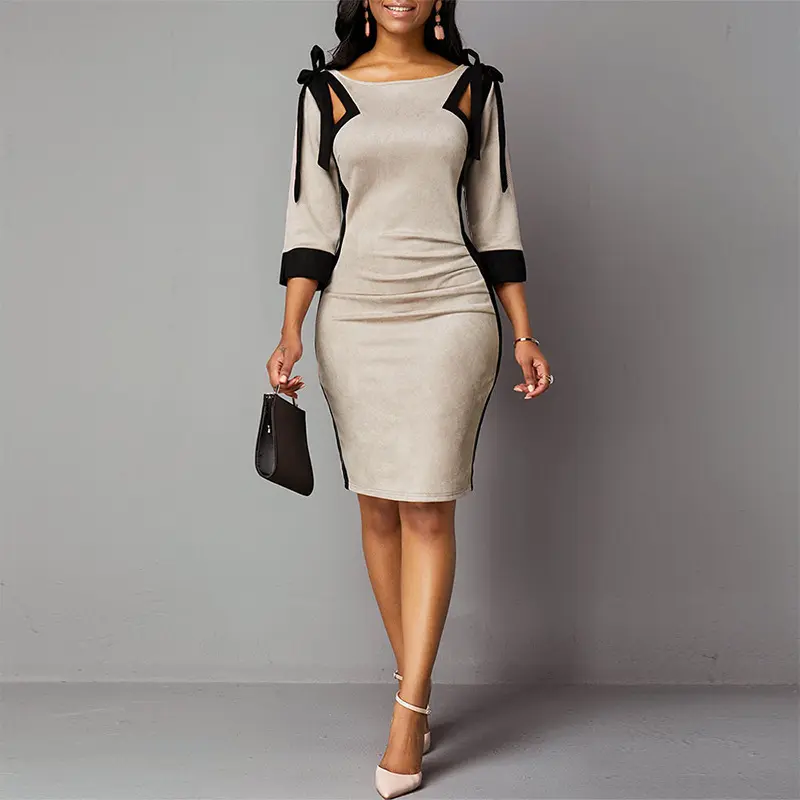 High Quality Women's Casual Three-Quarter Sleeve Round Neck Wrap Chest Commuter Professional Bag Hip Pencil Dress