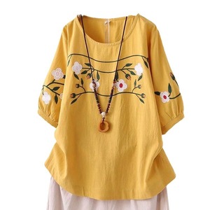 Women's Cotton Linen Embroidered T-Shirt Navy Blue Loose Fit Retro Style Plus Size Short Sleeve Breathable Everyday Wear - Product Image 5
