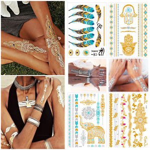 Autocollants de tatouage temporaires personnalisés en gros avec des motifs géométriques floraux tribaux, élégants, vintage, rétro métallique, feuille d'or - Product Image 2