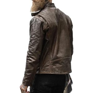 Veste en cuir classique pour homme, style Cafe Racer, manches longues, fermeture éclair, coupe ajustée, résistante au vent, style motard - Product Image 3