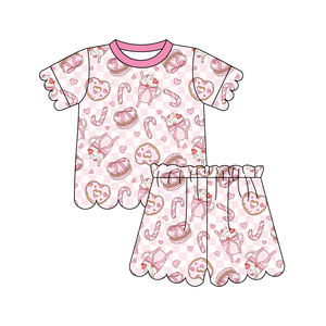 ชุดนอนเด็กผู้หญิงผ้าสแปนเด็กซ์ผสมใยไผ่แบบสั่งทำพิเศษ ชุดสองชิ้น แขนสั้น ขอบระบาย จั๊มพ์เอว กางเกงขาสั้น - Product Image 4