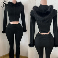 Ensemble de survêtement 2 pièces pour femme, de haute qualité, style dupe de marque, avec veste à fermeture éclair et col en fourrure personnalisé et pantalon de survêtement, pour l'hiver