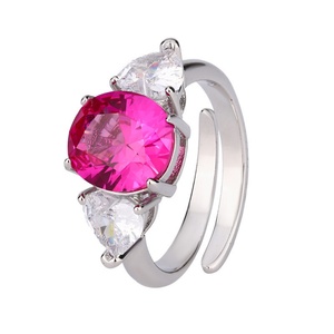 Fashion Jewelry Eco-friendly Copper Oval Cut 9*10mm Rose Red Cubic Zircon Geometric 3 Stone <b>Open</b> Adjustable <b>Rings</b> for Women - Product Image 1