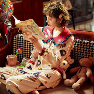 Spring and Autumn Cotton Pajamas Women's Long Sleeve Thin Two-Piece Set Lace Large Lapel Knitted Fairy Home <strong>Clothing</strong> OEM - Product Image 2