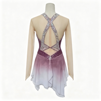 Costume de patinage artistique à dégradé violet avec strass, dos croisé, manches longues, pour enfants et adultes, compétition et performance
