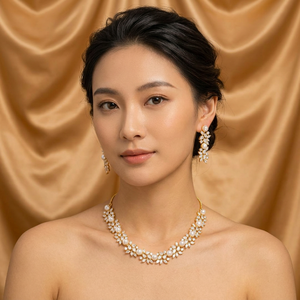 ชุดเครื่องประดับสร้อยคอและต่างหูมุกประดับเพชรคิวบิกเซอร์โคเนียชุบทองเหลืองหรูหรา คุณภาพสูง แบบอเมริกันไดมอนด์ สำหรับเจ้าสาวในงานแต่งงาน - Product Image 2