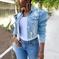 Vestes en Jean à manches bouffantes pour femmes, Top court en Jean déchiré noir 5XL