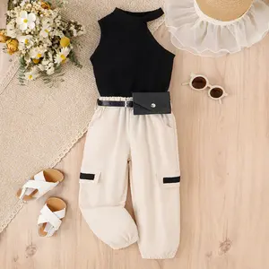 Spring and Summer Girls' Sleeveless off-Shoulder Vest Trousers with Belt Three-piece Suit for Girls Use Clothes Clothing Sets