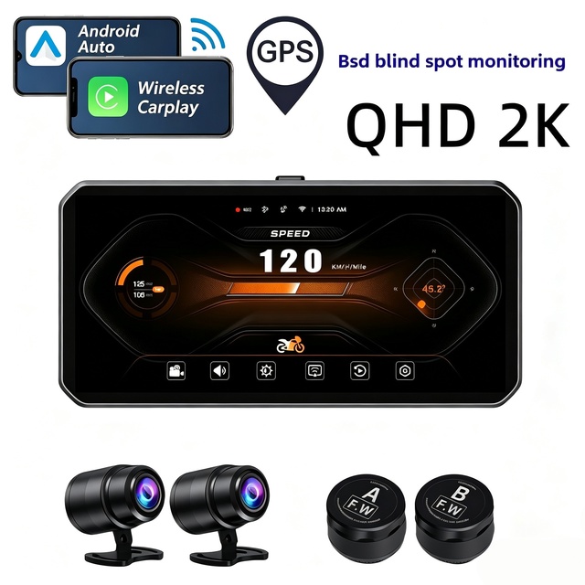 5" IPS Motorcycle GPS Navigation Dual Camera BSD TPMS IP67 Waterproof Wireless CarPlay Android Auto Supports OEM and ODM