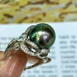 <b>Peacock</b> Green Tahitian Black Ring Simple Silver Holder S92512-13mm Rose Gold Inlay for Fashionable Daily Commuting Date Party - Product Image 1