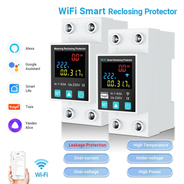 Digital Display Tuya WiFi Smart Breaker Auto Reclosing Overload Short Circuit Earth Leakage Protection Switch