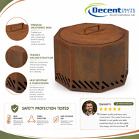 Brasero d'extérieur rustique en acier Corten octogonal avec couvercle circulaire encastré, poignée en U et lames de ventilation à persiennes pour bois de chauffage
