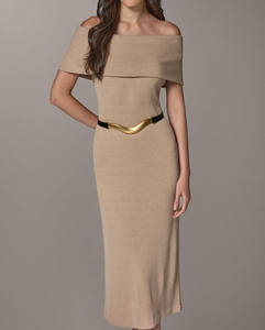 Robe crayon élégante de luxe en crêpe naturel côtelé à col bateau, longueur midi, coupe droite, avec ceinture dorée, pour femme, idéale pour les fêtes estivales, personnalisable OEM - Product Image 1