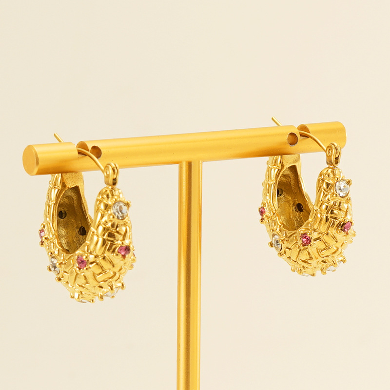 Qiuhan Stainless Steel Premium Sense Inlaid 18K Gold Earrings