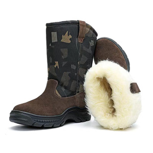 Men Snow Boots <b>Brown</b> <b>Wool</b> Lined Mid Heel Warm Winter Boot High Top Outdoor Use - Product Image 1