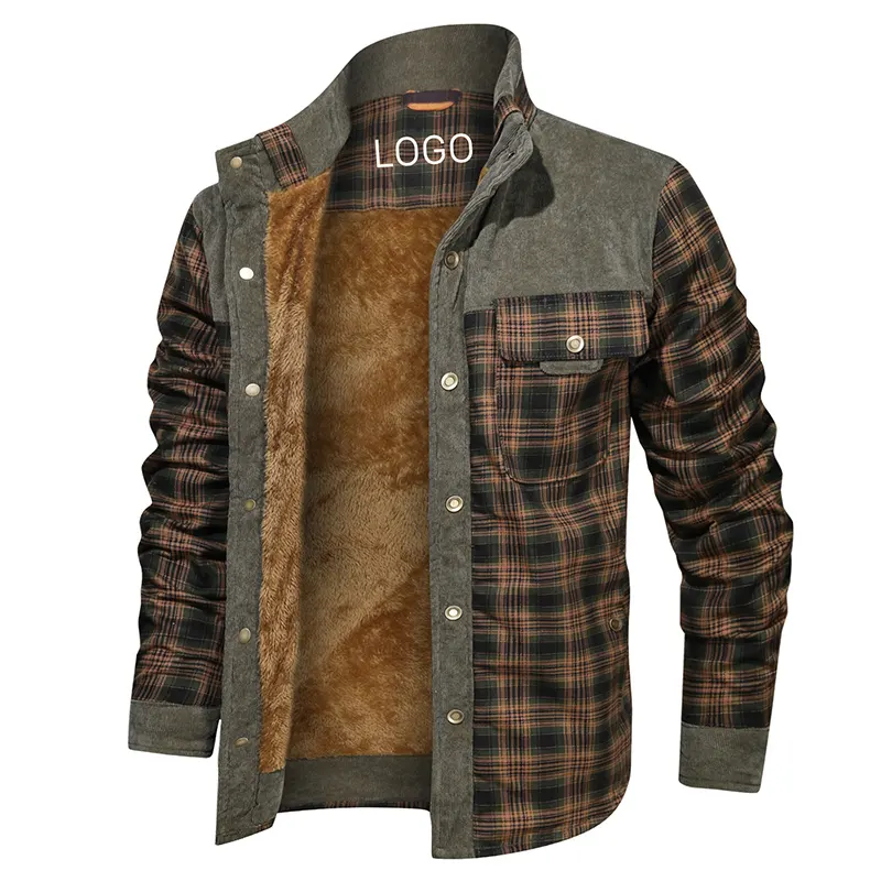 Free LOGO OEM Jaqueta Men Casual Shirts Winter Wool Fleece Thick Warm Male Plaid Corduroy outdoor Coat Jacket