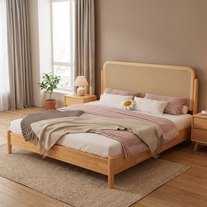 Cadre de lit de massage minimaliste en bois de manguier avec revêtement en cuir, tête de lit tressée de style mid-century moderne, design avec sommier intégré, taille King - Product Image 2