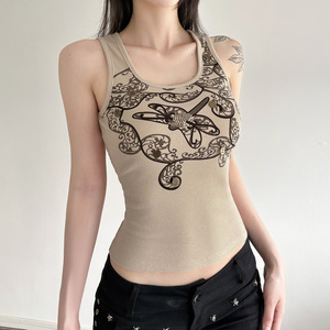 Débardeur Y2K basique respirant en maille côtelée extensible à imprimé contrastant coupe ajustée sans manches - Product Image 4