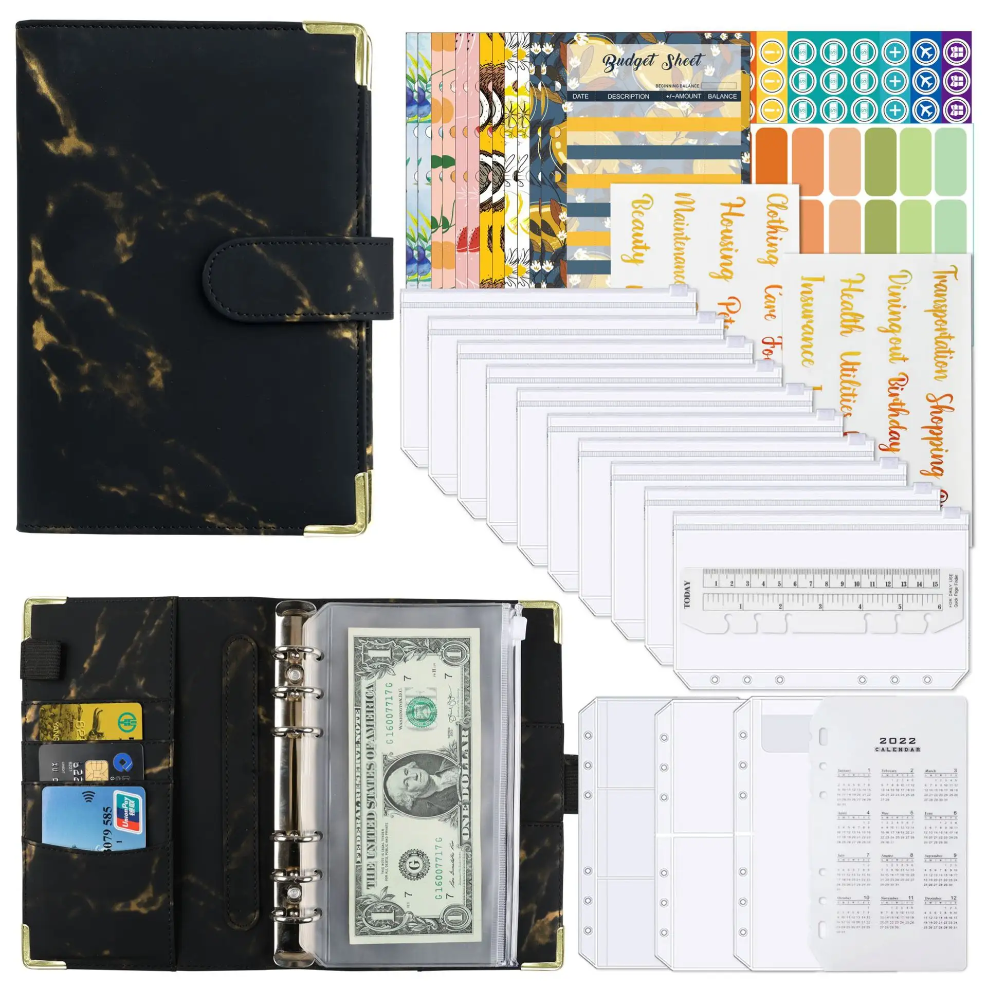 Carnet de notes A6 en cuir PU, couverture de reliure rechargeable en marbre, 6 anneaux, feuille lâche, planificateur de Budget, couverture de reliure avec boucle magnétique