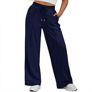 Women Brown Wide Leg Pants Elastic Waist <b>Drawstring</b> Casual <b>Trousers</b> With Side Pockets Breathable Knitted Fabric Autumn Style - Product Image 2