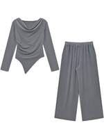 Nouvel ensemble tendance : T-shirt uni à taille irrégulière pour femme + pantalon décontracté ample à taille haute